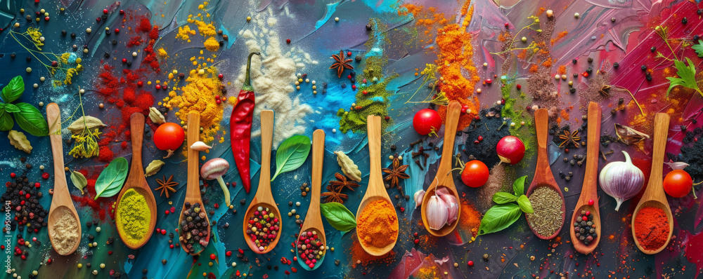 Obraz premium Top view of a variety of spices and ingredients on wooden spoons, artistically displayed on a cooking table, showcasing vibrant colors and textures.