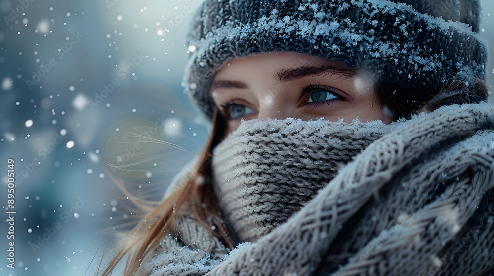Woman in Winter Clothing: A woman bundled in cozy winter clothing, with snowflakes gently falling around her.
