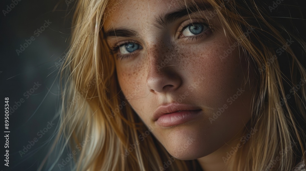 Close up portrait of pensive young blonde woman.