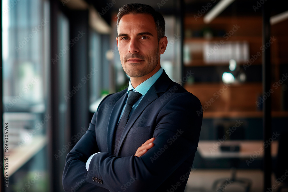Fototapeta premium male businessman in a black suit against the background of the office