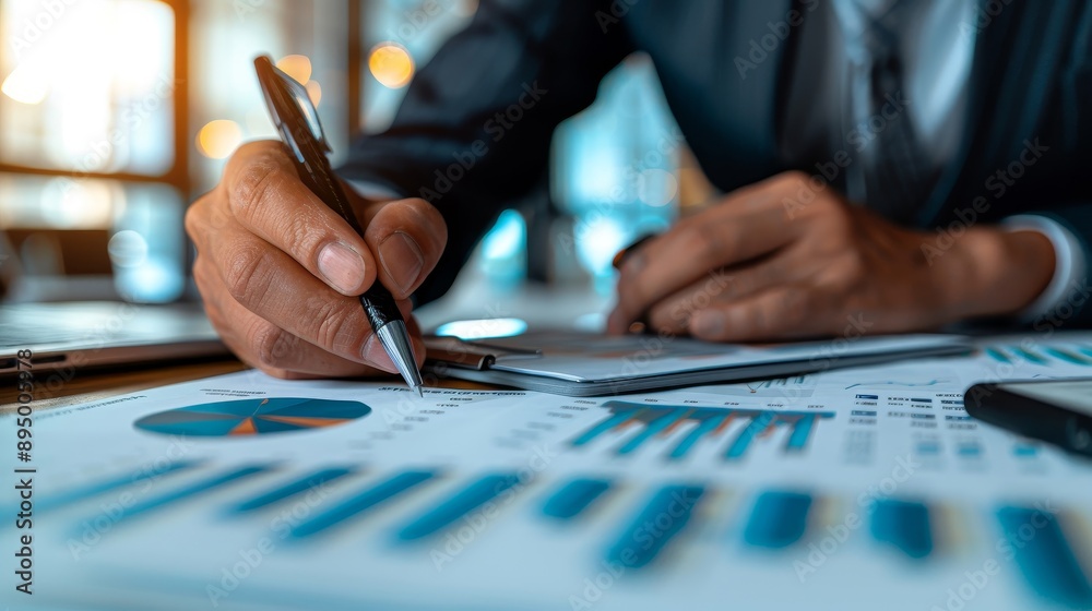 A businessman analyzes financial data and charts, showcasing productivity and strategic planning in a modern office environment. A businessman analyzes financial data and charts, showcasing productivity and strategic planning in a modern office environment.