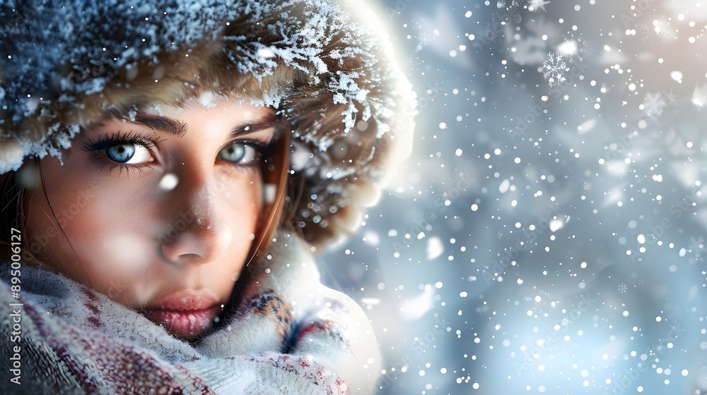 Woman in Winter Clothing: A woman bundled in cozy winter clothing, with snowflakes gently falling around her.
