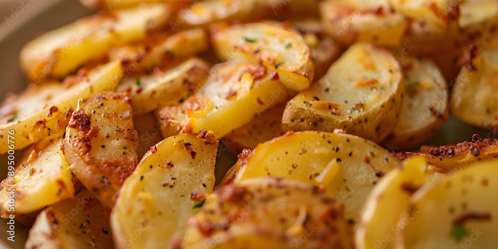 Close Up Of Roasted Potato Wedges With Spices Close Up Of Roasted Potato Wedges With Spices