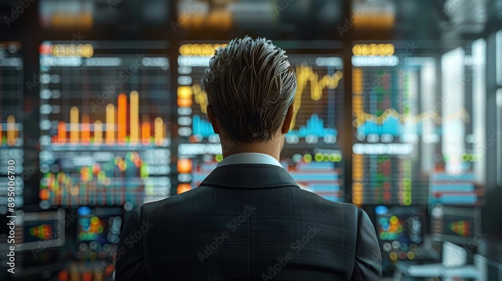 Business professional analyzing financial market data on multiple screens in a modern office setting. Business professional analyzing financial market data on multiple screens in a modern office setting.