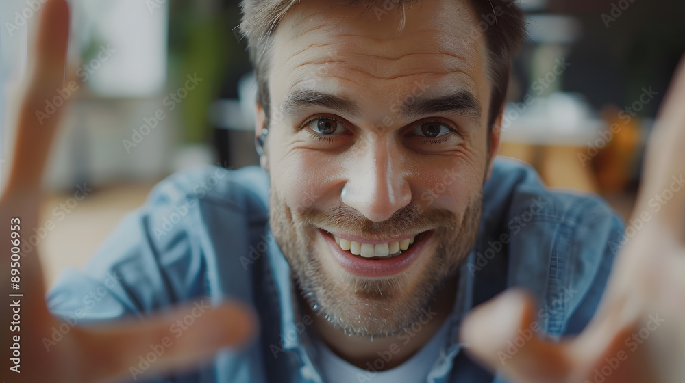 Close-up portrait of smiling young male businessman, office worker looking at camera, talking on video call and gesturing with hands Close-up portrait of smiling young male businessman, office worker looking at camera, talking on video call and gesturing with hands
