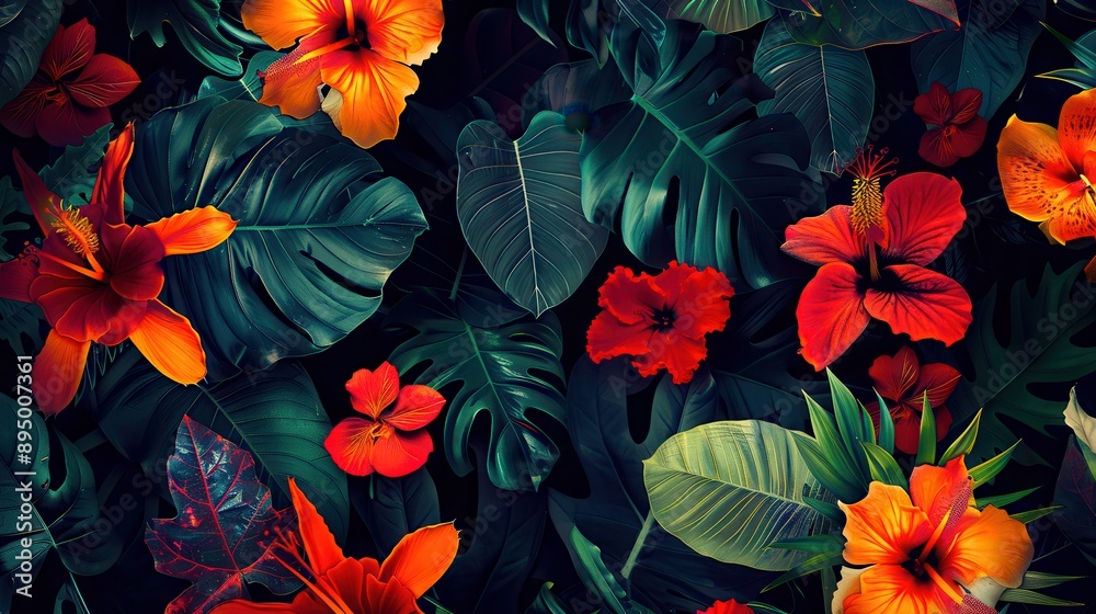 Illustration of a floral pattern with exotic flowers and leaves in vibrant colors such as red, orange, yellow and green. The background is dark, which makes the flowers stand out and catch the eye. Illustration of a floral pattern with exotic flowers and leaves in vibrant colors such as red, orange, yellow and green. The background is dark, which makes the flowers stand out and catch the eye.