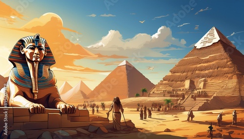 Wallpaper Mural A serene ancient Egyptian landscape, with workers constructing monumental pyramids under the watchful eyes of the Sphinx Torontodigital.ca