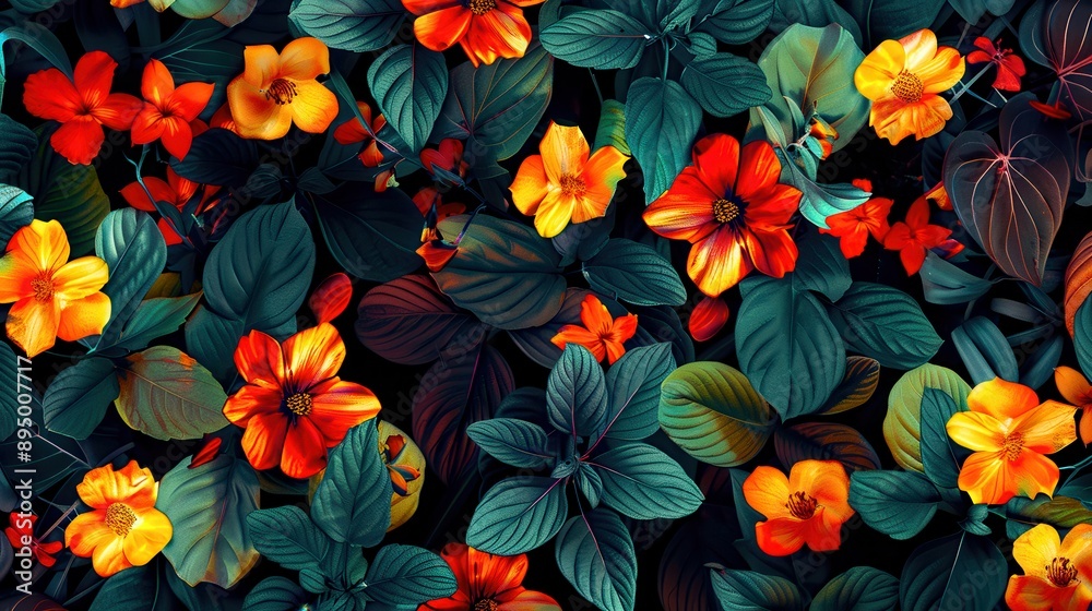 Illustration of a floral pattern with exotic flowers and leaves in vibrant colors such as red, orange, yellow and green. The background is dark, which makes the flowers stand out and catch the eye. Illustration of a floral pattern with exotic flowers and leaves in vibrant colors such as red, orange, yellow and green. The background is dark, which makes the flowers stand out and catch the eye.