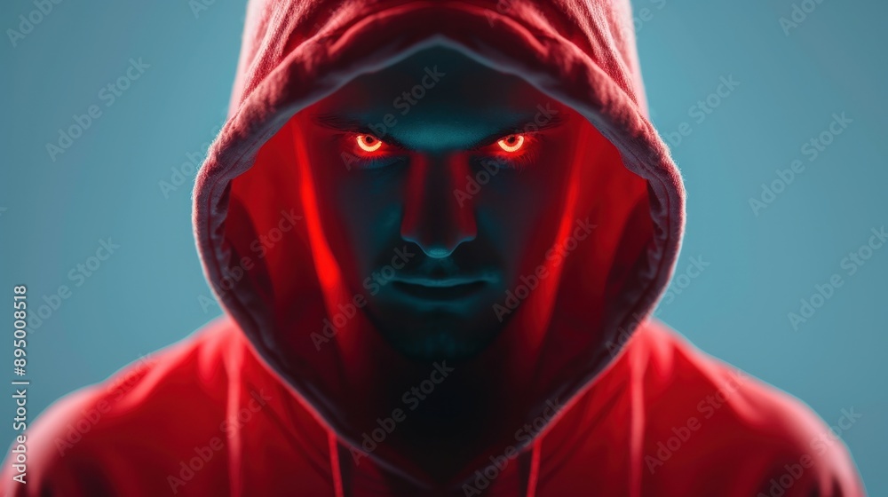 A man in a red hoodie with red eyes A man in a red hoodie with red eyes