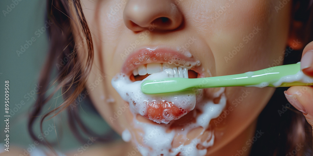 Woman Brushing Teeth with Foamy Toothpaste and Green Toothbrush Close-Up Woman Brushing Teeth with Foamy Toothpaste and Green Toothbrush Close-Up