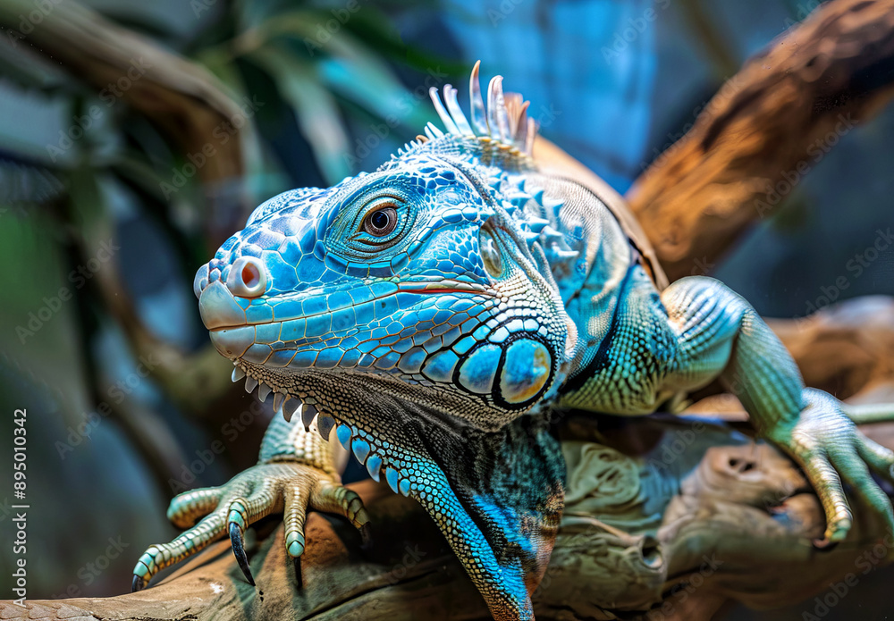 Fototapeta premium The green iguana is also known as a large arboreal lizard of iguana genus resting on branch with his paw dangling. Selective focus. Cloce up. Generative AI