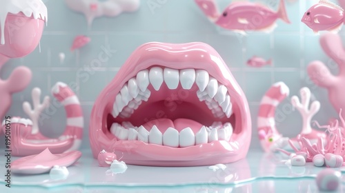 A pink mouth with white teeth is shown with a blue background