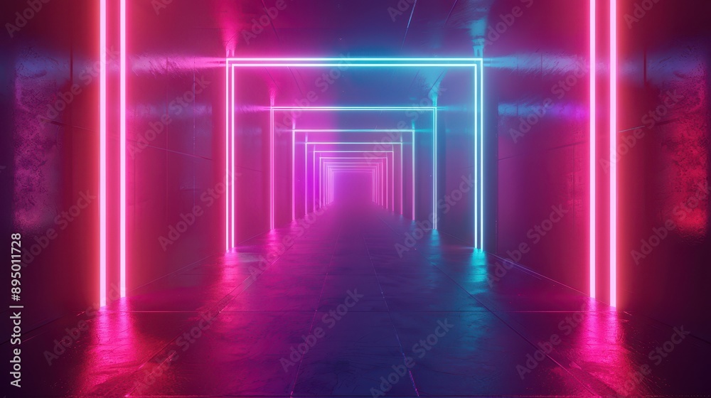 Neon-lit futuristic corridor with glowing pink and blue lights creating an immersive, high-tech atmosphere.