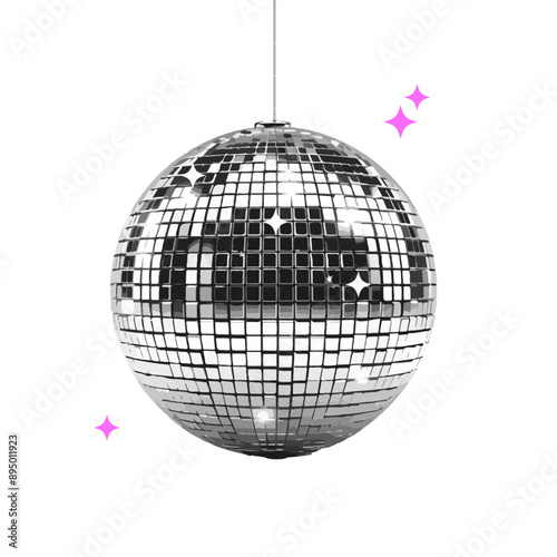 Shiny disco ball halftone photocopy stipple effect collage element with sparkling reflections isolated on white background for party and celebration theme. 