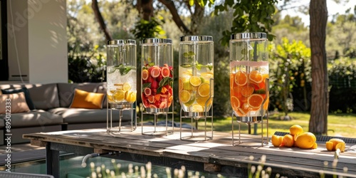 Fototapeta Naklejka Na Ścianę i Meble -  Infused water dispensers with various fruits and herbs on a wooden table in a garden setting, emphasizing refreshing and healthy hydration options.