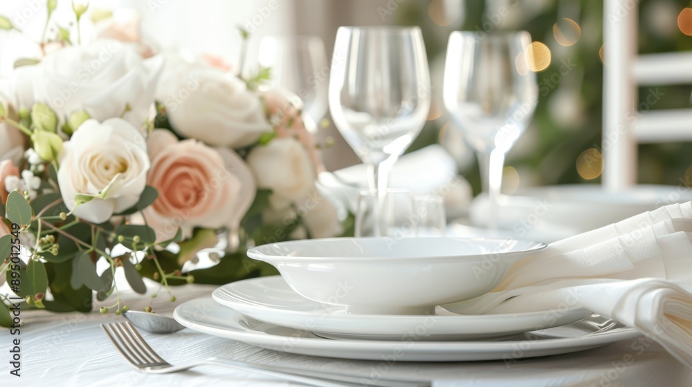 Elegant table setting with white dishes, glasses, and a floral centerpiece, creating a sophisticated and festive atmosphere. Elegant table setting with white dishes, glasses, and a floral centerpiece, creating a sophisticated and festive atmosphere.