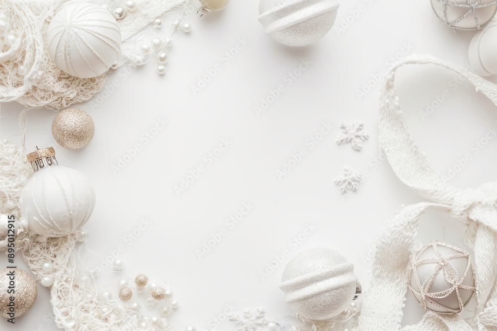 An arrangement of white Christmas ornaments and decorations, including balls, ribbons, and snowflakes on a white background. An arrangement of white Christmas ornaments and decorations, including balls, ribbons, and snowflakes on a white background.