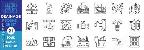 A set of line icons related to drainage. Sewer, pipeline, industrial, river, city, groundwater, pollution, drainage, cleaner, toilet and so on. Vector outline icons set.