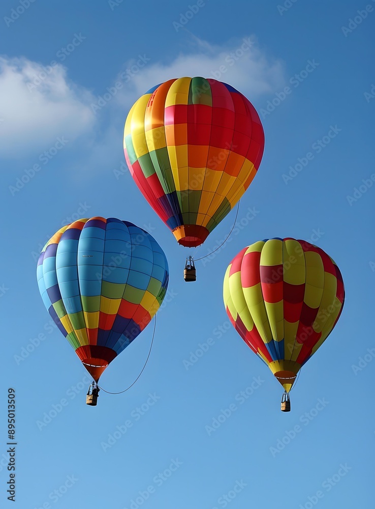 Three Colorful Hot Air Balloons Flying in Blue Sky Three Colorful Hot Air Balloons Flying in Blue Sky