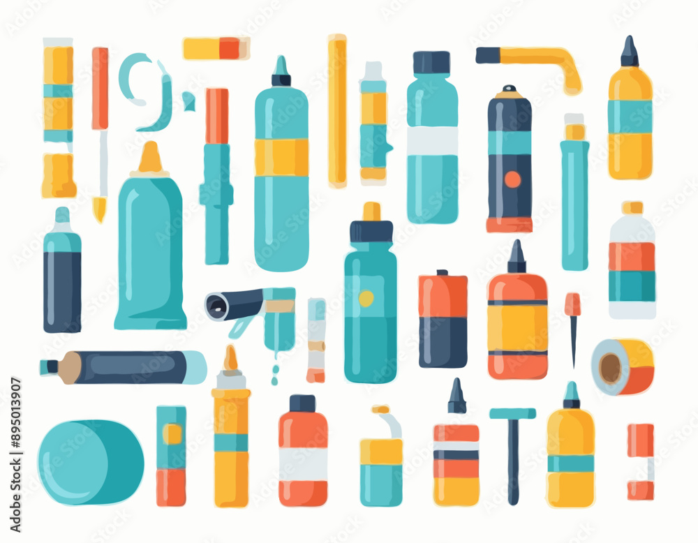 Glue in stick, bottle, tube and adhesive tape vector flat icons set isolated on white background Glue in stick, bottle, tube and adhesive tape vector flat icons set isolated on white background