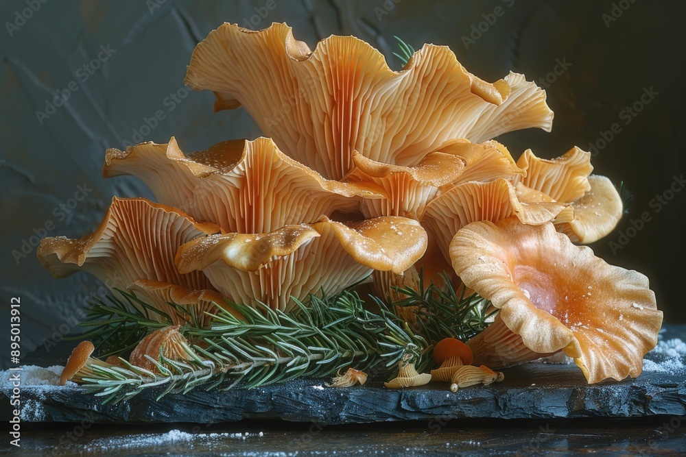 A close-up shot of fresh chanterelle mushrooms arranged on a slate plate with rosemary sprigs A close-up shot of fresh chanterelle mushrooms arranged on a slate plate with rosemary sprigs