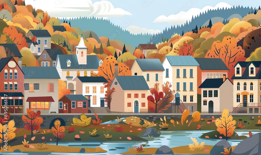 Naklejka premium Flat design illustration of a charming autumn village with colorful trees and a stream