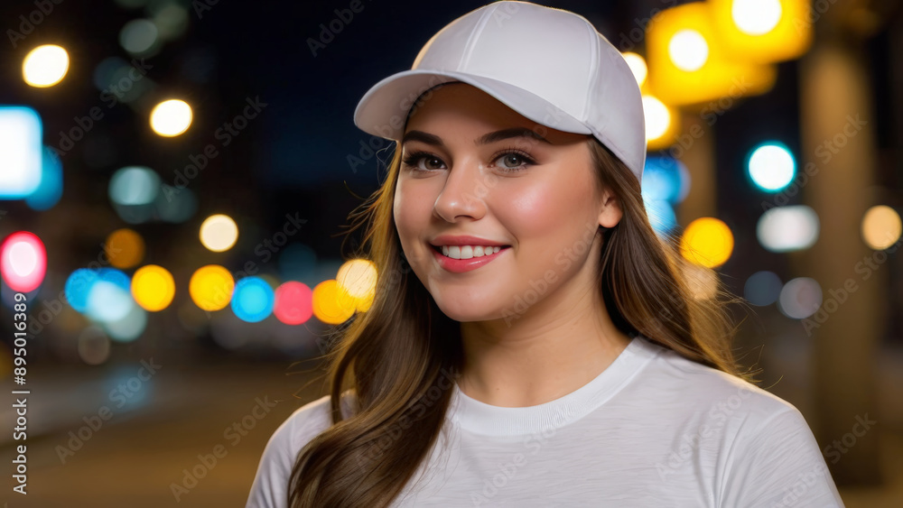 Plus size young woman wearing white t-shirt and white baseball cap standing on the street at night Plus size young woman wearing white t-shirt and white baseball cap standing on the street at night