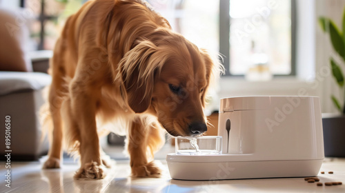 Golden Retriever drinking from modern pet water fountain in a well-lit home interior. Pet hydration, smart pet care, home technology, pet products, indoor pet environment. photo