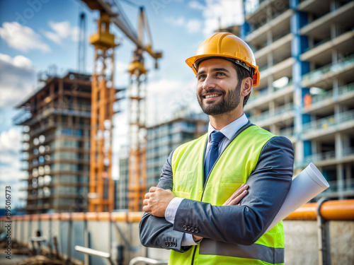 Engineer wearing a yellow safety vest and hard hat stands at an active construction site