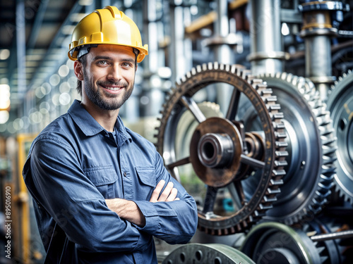 Smiling Industrial Engineer in a Mechanical Workshop