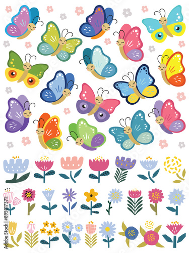 Summer smiling butterflies, flowers. Hand drawn cute cartoon summer characters isolated on white background. Color insect clipart. Baby shower design elements. Party invitation, birthday celebration