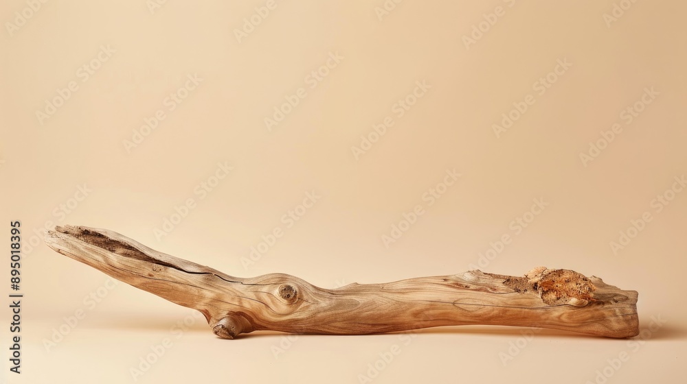 Wooden snag on beige background with space for product placement Wooden snag on beige background with space for product placement