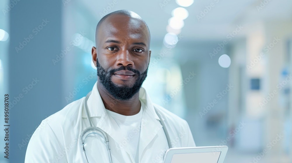 Naklejka premium A man in a white coat is holding a tablet in a hospital setting
