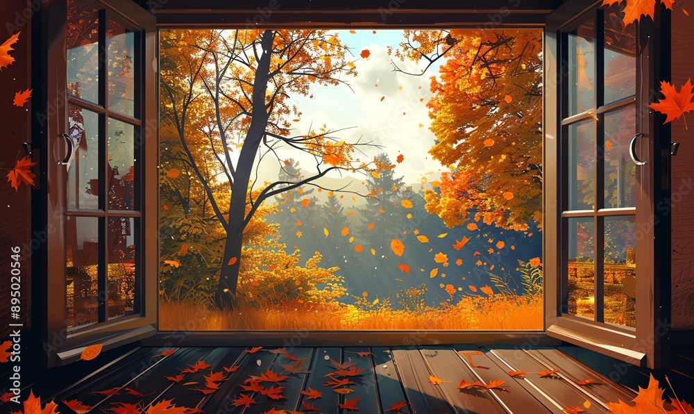 Illustration of an open window showing a beautiful autumn landscape with falling leaves Illustration of an open window showing a beautiful autumn landscape with falling leaves