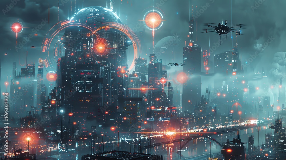 Futuristic cityscape with neon lights, flying drones, and illuminated skyscrapers; a sci-fi metropolis at night. Futuristic cityscape with neon lights, flying drones, and illuminated skyscrapers; a sci-fi metropolis at night.