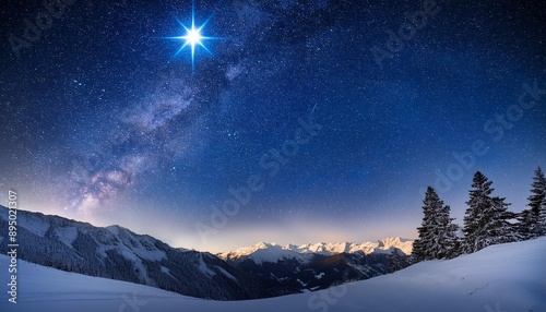 Christmas Starry Sky Over Mountains- A breathtaking view of a snowy mountain range 