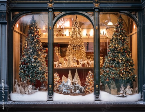 Festive Window Display- A beautifully decorated shop window with Christmas scenes, twinkling