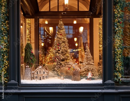 Festive Window Display- A beautifully decorated shop window with Christmas scenes, twinkling