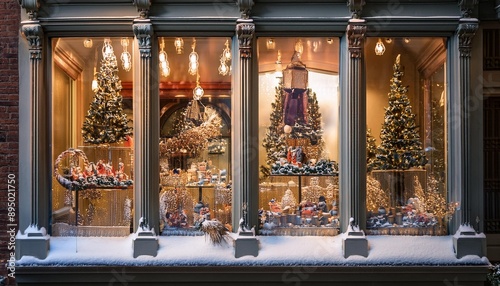 Festive Window Display- A beautifully decorated shop window with Christmas scenes, twinkling