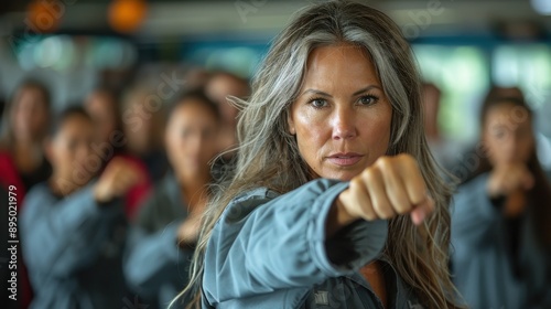 An experienced woman leading a martial arts class, extending her punch forward with determination and authority, motivating a group of students, representing strength and leadership.