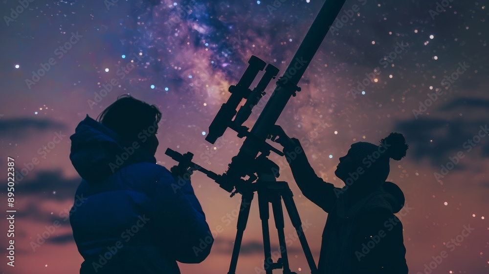 Fototapeta premium Silhouettes of two people gazing at the Milky Way with a telescope