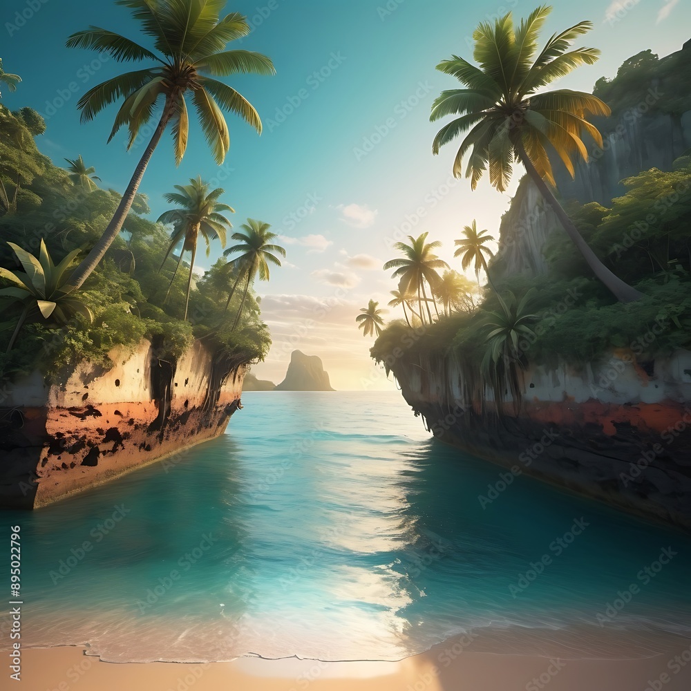 Obraz premium A deserted island with a shipwreck and overgrown jungle
