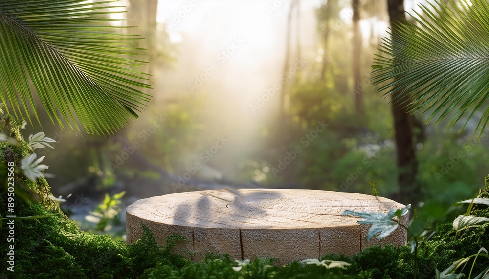 Podium-Hintergrund mit grünem Naturthema: 3D-Wald, weißer Pflanzenständer. Kosmetikhintergrund mit Produkt-Podium, Holz, Dschungelstudio, Garten, Schönheitsplattform, Präsentations-Mockup, Sockel, 