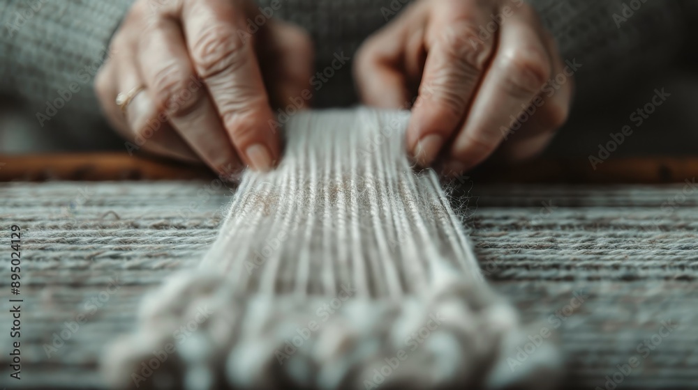 The image shows a close-up of hands weaving with white yarn, focusing ...
