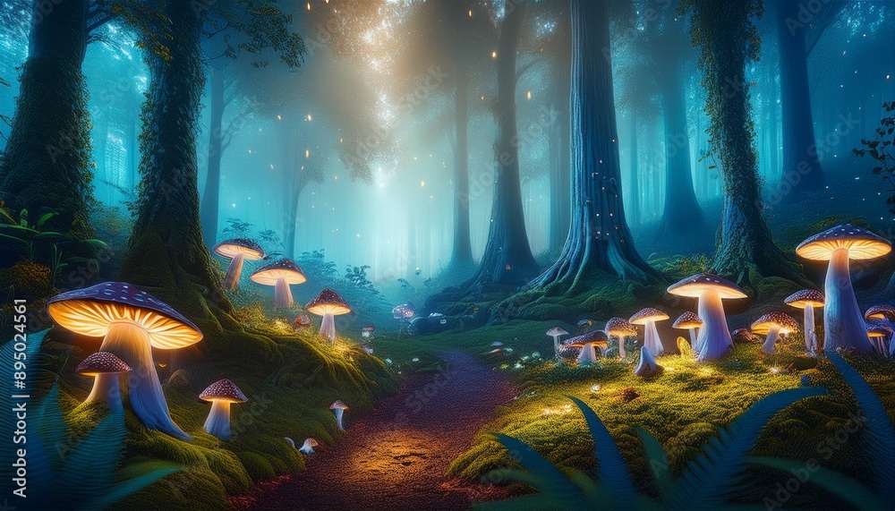 Obraz premium Fantasy Forest- An enchanting forest with towering trees, glowing mushrooms, magical