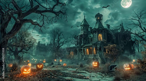 Haunted House With Glowing Windows And Creepy Jack-O'-Lanterns, Surrounded By Barren Trees And Bats