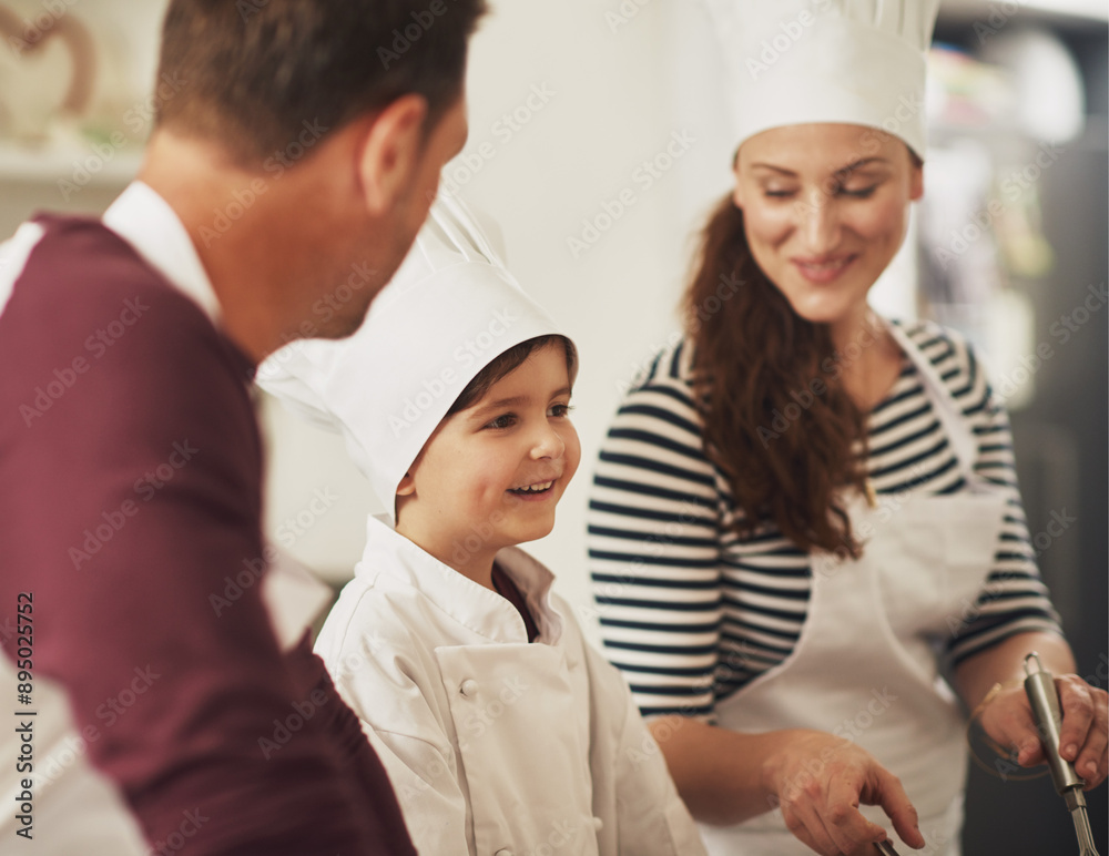 Parents, teaching and child baking with smile in kitchen for growth development to prepare cookies in family home. Father, mom or kid learning pastry recipe for bonding, cooking snacks and dessert Parents, teaching and child baking with smile in kitchen for growth development to prepare cookies in family home. Father, mom or kid learning pastry recipe for bonding, cooking snacks and dessert