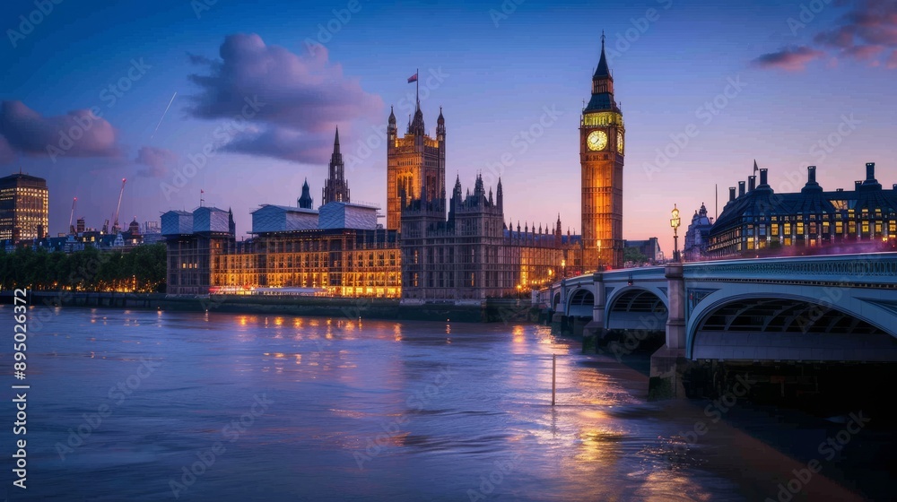 Fototapeta premium London cityscape with Big Ben Tower clock and City of Westminster and bridge, illuminated at dusk in England 