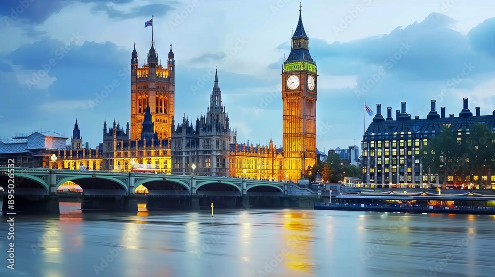 Fototapeta premium London cityscape with Big Ben Tower clock and City of Westminster and bridge, illuminated at dusk in England 