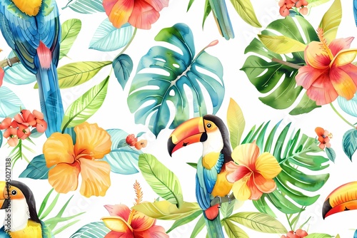 Tropical Watercolor Pattern with Toucans and Hibiscus Flowers